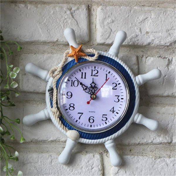 

wall clocks 1pc retro large clock mediterranean-style wood round anchor saat needle home decoration hanging