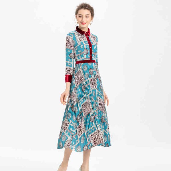 

velvet stitching print bohemia long-sleeved single-breasted pleated shirt mid-length dress spring and summer new high-quality, Black;gray