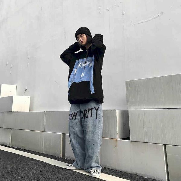 

cashew flower patch hooded sweatshirt men women stitching loose bf high street hip-hop hoodies casual student shirt trend 210526, Black