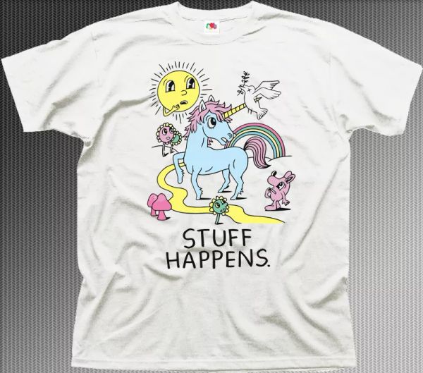 

UNICORN STUFF HAPPENS funny white printed t-shirt OZ9948, White;black