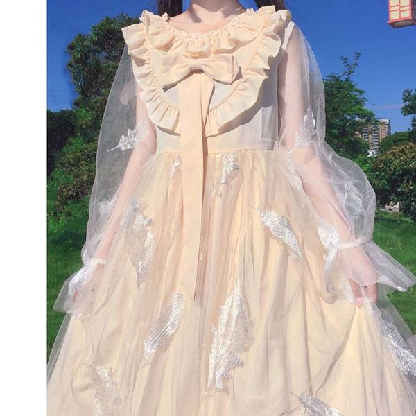 

casual dresses japanese women dress lolita style bow feather embroidery flare sleeve cute kawaii ruffles fairy ladies 2021 spring autumn, Black;gray