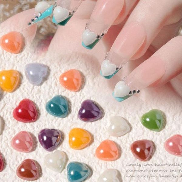 

nail art decorations 50pcs ceramic three-dimensional peach white mixed color heart pearl rhinestone shiny love diy3d decoration, Silver;gold