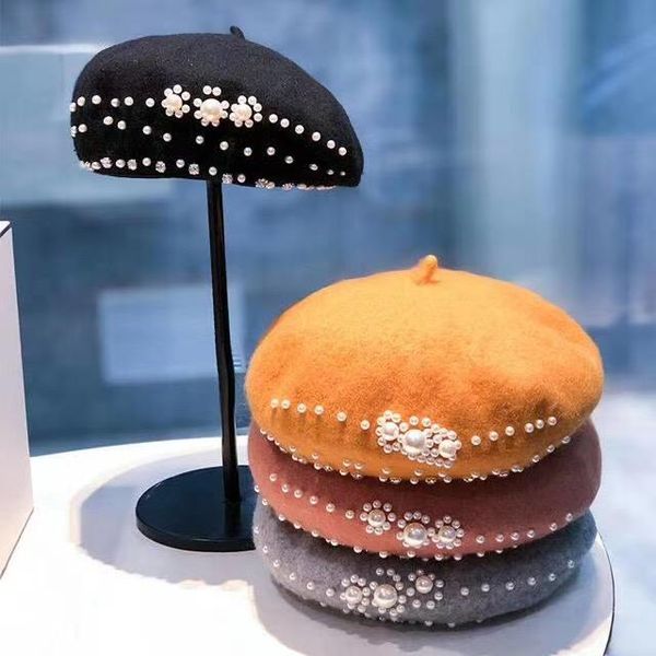 

berets 202110-diamond pearl flowers lady beret hat women leisure painter, Blue;gray