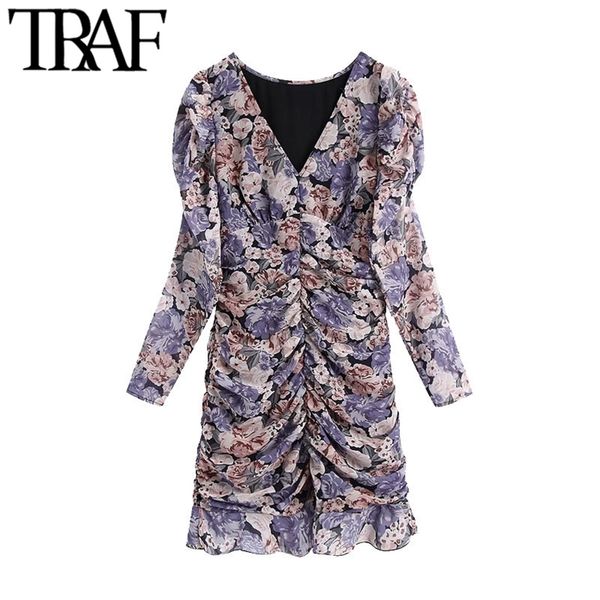 

women chic fashion floral print ruffled pleated mini dress vintage long sleeve with lining female dresses vestidos 210507, Black;gray