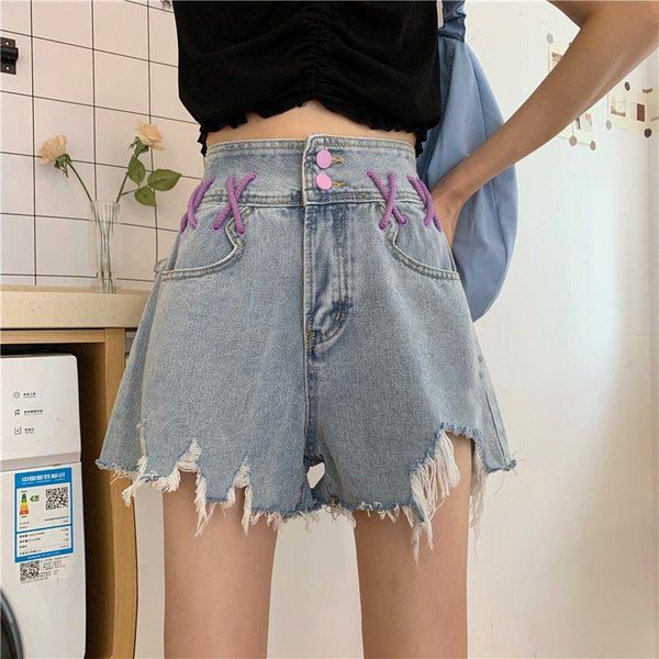 

women's shorts high waist tassel button denim purple unique design summer for party and daily fashion 2021, White;black