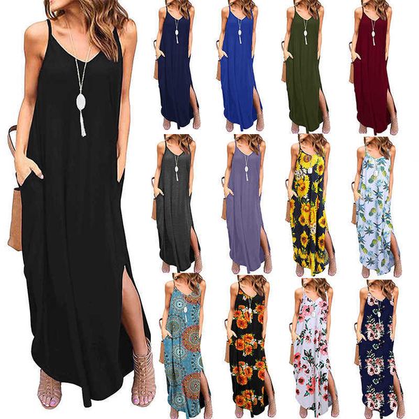 18 farben Frauen Casual Spaghetti Strap Kleid Sommer V-ausschnitt Tasche Sling Party Maxi Floral Gedruckt Lose Elegante Sommerkleid 210526