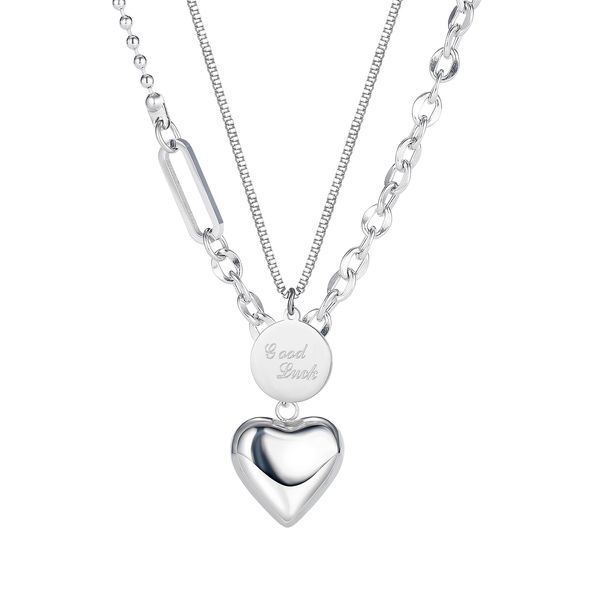 

sweater chokers necklaces for womens sliver multilayer double tiered titanium steel love heart tag jewelry to girls sister birthday gifts, Silver