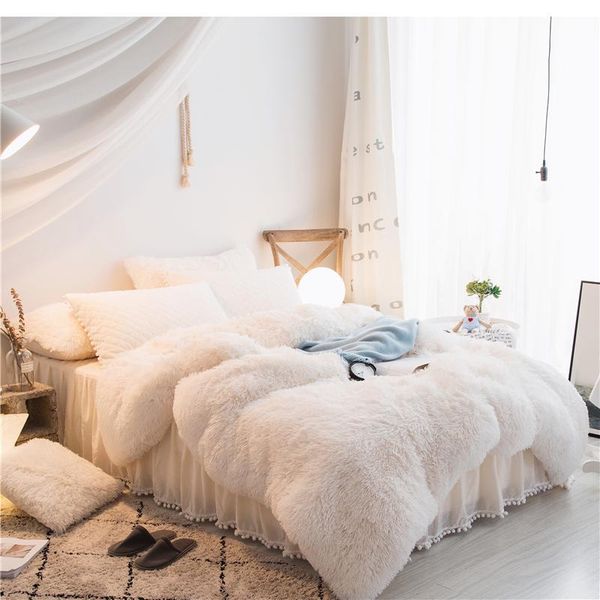 

bedding sets white purple gray pink red princess girls fleece fabric set bed mink velvet duvet cover skirt thick pillowcases