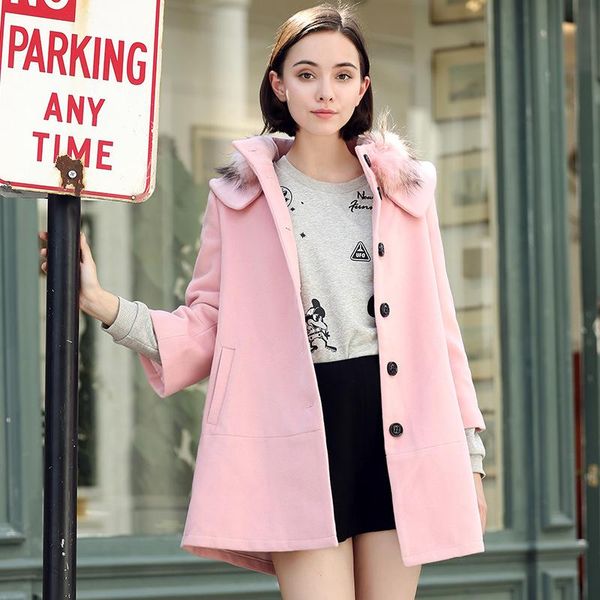 

women's wool & blends korean winter coat women gray three quarter sleeve coats and jackets woolen elegant trench for plus size, Black