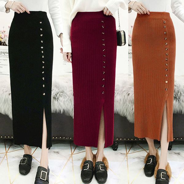 

skirts spring single-breasted buttons split long knitted skirt women's stylish high-waisted slim fit side sheath knit 819f, Black