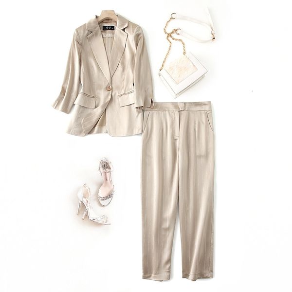 

tracksuits woman 2 piece spring summer office ladies work golden striped blazers coats + slim pencil pants suit sets s-3xl jc342, Gray