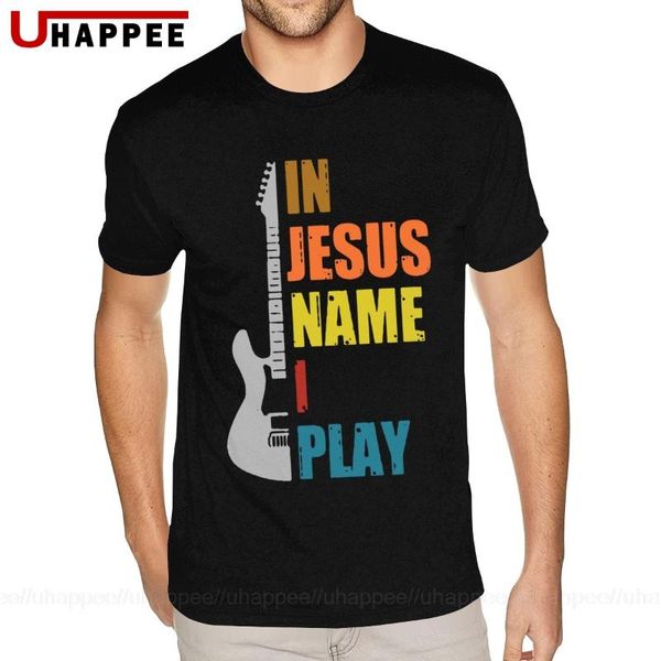 

printed guitar in jesus name i play t-shirt men personalized short sleeved ultra cotton round neck tee men's t-shirts, White;black