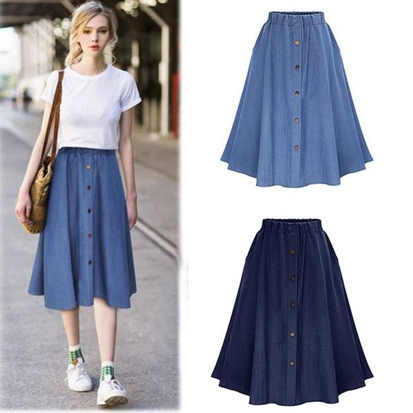 

skirts a-line high waist mid-length denim skirt women loose slim casual cotton elastic design front row, Black