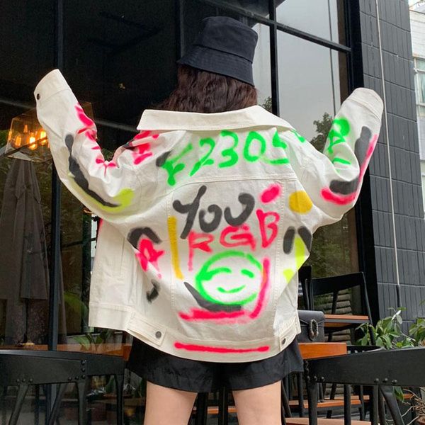 

women's denim jacket coats streetwear 2021 spring jean jackets women coat female graffiti girl outerwear white nzy152, Black;brown