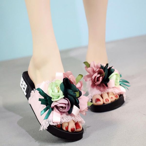 

riband flowers flat sandals women handmade floral bow-knot thick bottom slippers ladies summer denim tassel flip flops mujer, Black