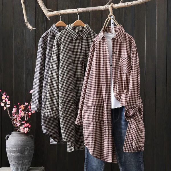 

women's blouses & shirts spring autumn women long sleeve plaid blouse fashion ladies oversize checker pocket button retro loose shirt, White