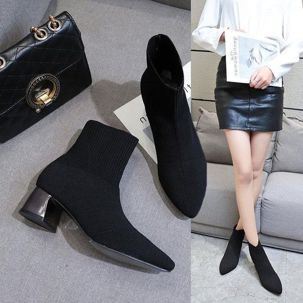 

medium heel pointed knitted elastic boots fashion women's short 2021 shoes sleeve knitting, Black