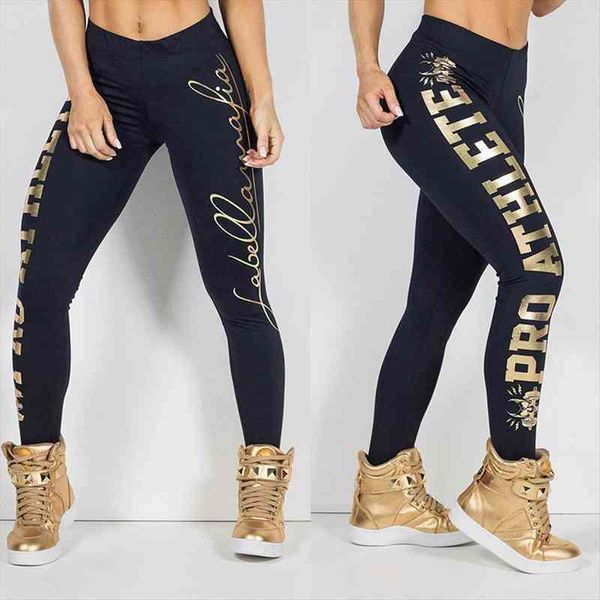 

40 sports gym sweatpants mid women legging waist letter printing pants hip lift fitness elastic push up workout, Black