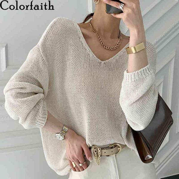 

spring summer women sweater v-neck pullovers knitted cutout korean style oversize wild lady jumpers sw8798 210427, White