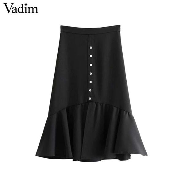 

skirts vadim women ruffled black midi skirt falda mujer ruffles buttons zipper pleated solid ladies casual wear chic ba204
