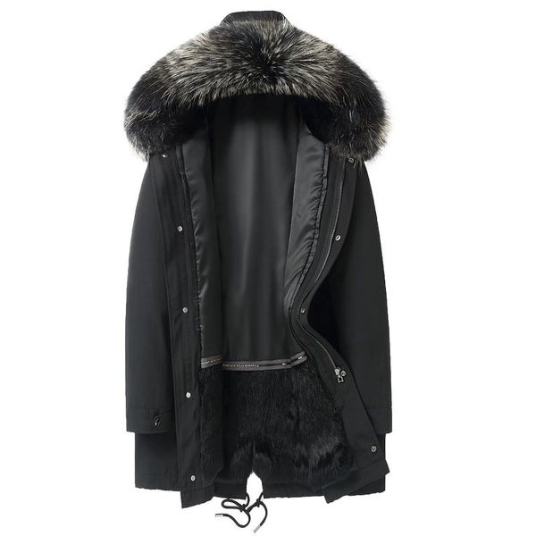 

men's leather & faux real fur coat men casual warm parkas natural liner raccoon collar parka 2021 plus size hooded jackets 19006 yy61, Black