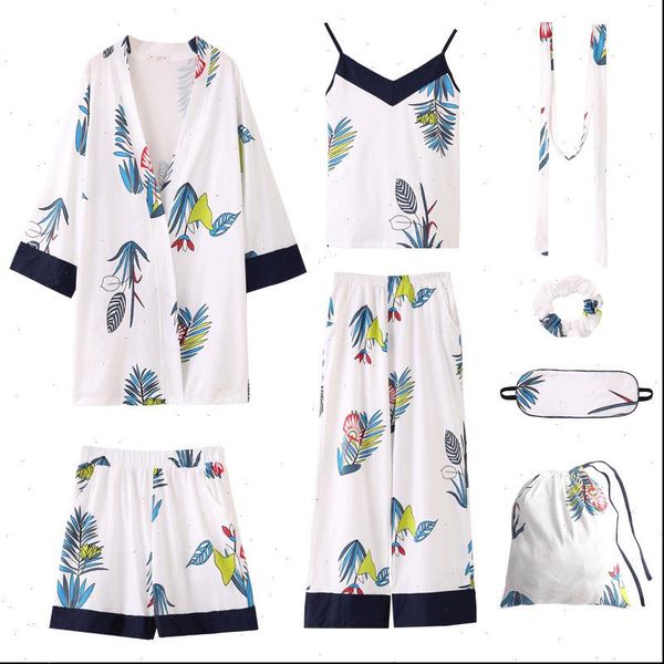

pajamas 7 pieces set women sleepwear cotton elegant full shorts long sleeve elastic waist pants silk robe home, Black;red