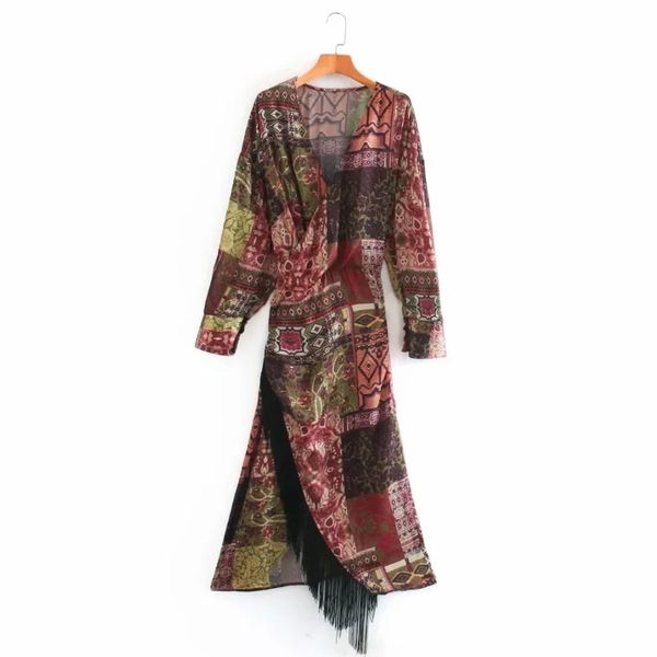 

women vintage patchwork printing tassels decoration midi dress casual femme long sleeve loose clothes vestido d6608 210430, Black;gray