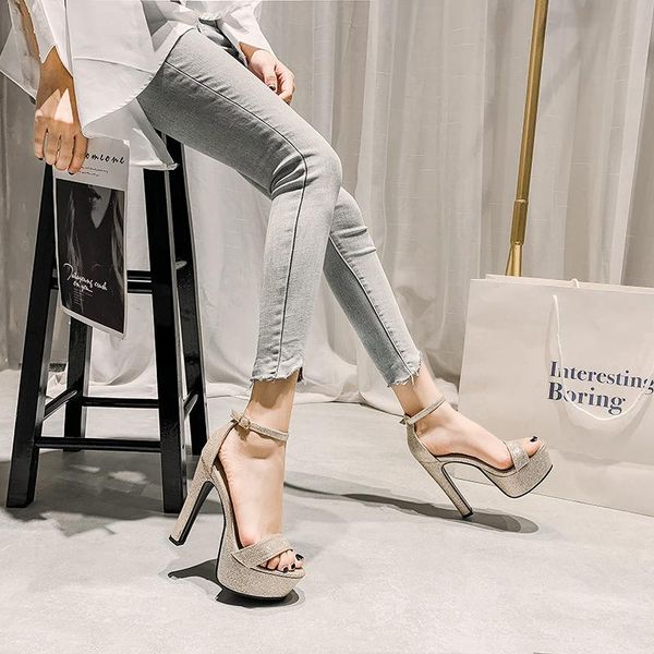 

sandals 12cm ultra-high heel women's thick sequins single-line buckle waterproof thick-soled summer night show shoes, Black