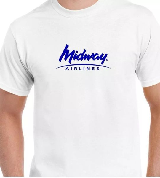 

midway airlines blue logo us aviation airline white cotton t-shirt, White;black