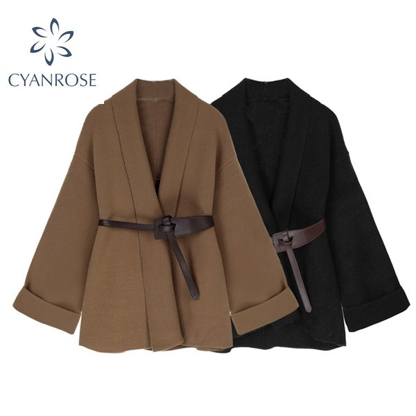 

autumn winter woolen women jacket fashion with belt loose v-neck elegant office lady work coat cardigan outerwear 210417, Black;brown