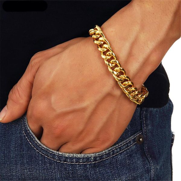 

link, chain 316l stainless steel simple super texture smooth shiny cuban hip hop men's hiphop gold bracelet, Black
