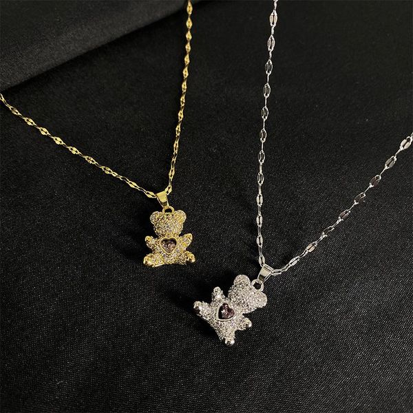 

chains crystal heart bear charm choker necklace for women girls titanium steel never change color, Silver