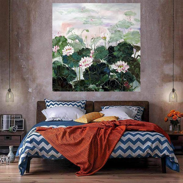 Lotus Ölgemälde auf Leinwand Home Decor Handcrafts / HD Print Wandkunst Bild Anpassung ist akzeptabel 21060709