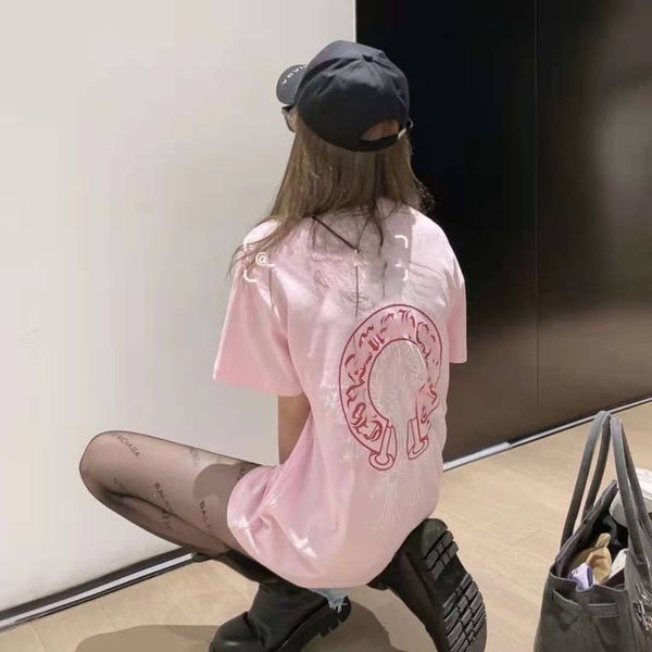 

luxury design summer back print cross pink couple short sleeve t-shirt cotton os medium length top, White