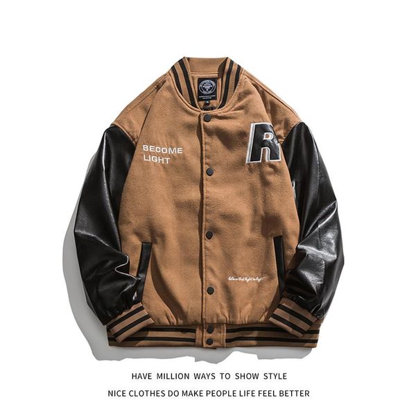

men's jackets autumn patchwork letterman embroid pu leather baseball bomber jacket women's varsity coat stadium street chic, Black;brown