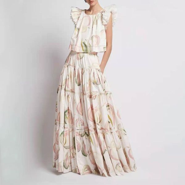 

2021 women sets square collar petal sleeve print shirts and waist cascading ruffle long skirts ladies women's tracksuits, Gray