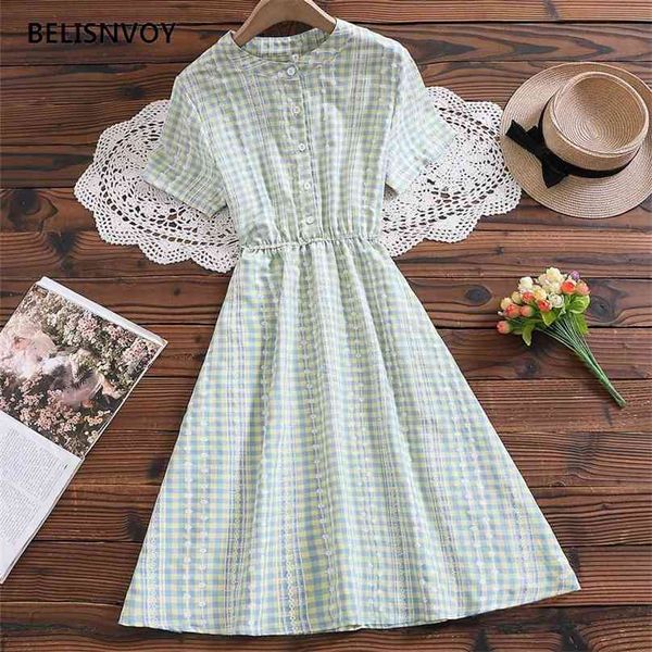 

mori girl summer women plaid dress floral printed stand collar casual vestidos femininos retro cotton sweet preppy kawaii 210520, Black;gray