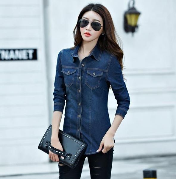 

women's blouses & shirts women autumn spring casual basic denim cowboy long sleeve blouse shirt buttons loose blue jeans large size, White