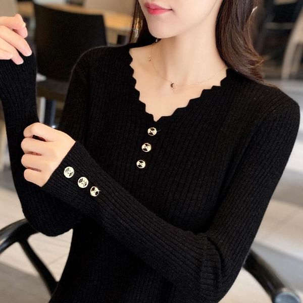 

women's sweaters 4 colors spring and autumn knitted v-neck solid slim pullover sweater 2021 winter all-match thin style, White;black