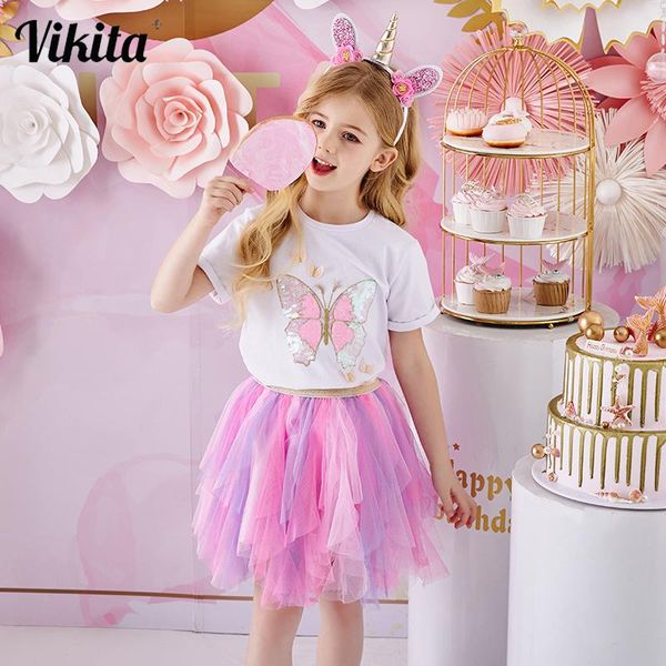 

clothing sets vikita girls summer short sleeve butterfly t-shirt + tutu skirt 2pcs for kids clothes outfits, White