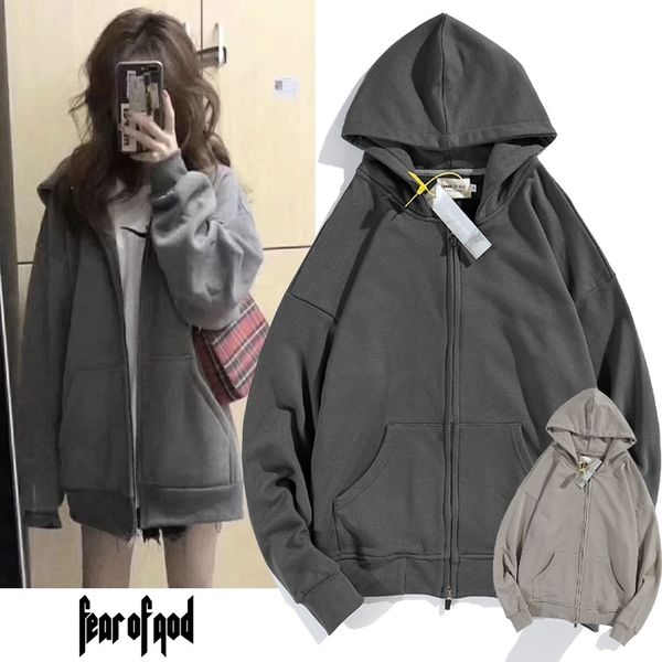 

autumn winter fog rich multi thread essentials hooded zipper cardigan loose sweater fg men's and women's jacket, Black