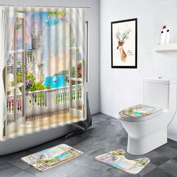 

shower curtains seaside city scenery curtain creative window ocean sailboat flowers green plant bathroom non-slip rug toilet bath mat set