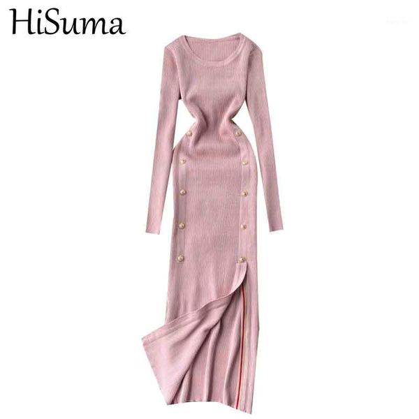 

casual dresses hisuma autumn winter women long sleeve bodycon knitted dress lady elastic slim waist pullover button party midi slit chic, Black;gray