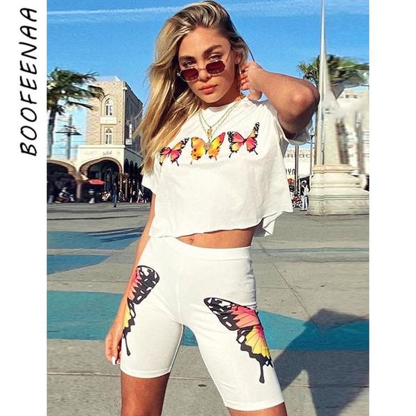 

butterfly print 2 piece sets womens summer outfits crop biker shorts matching casual tracksuit c84-12 two dress, White