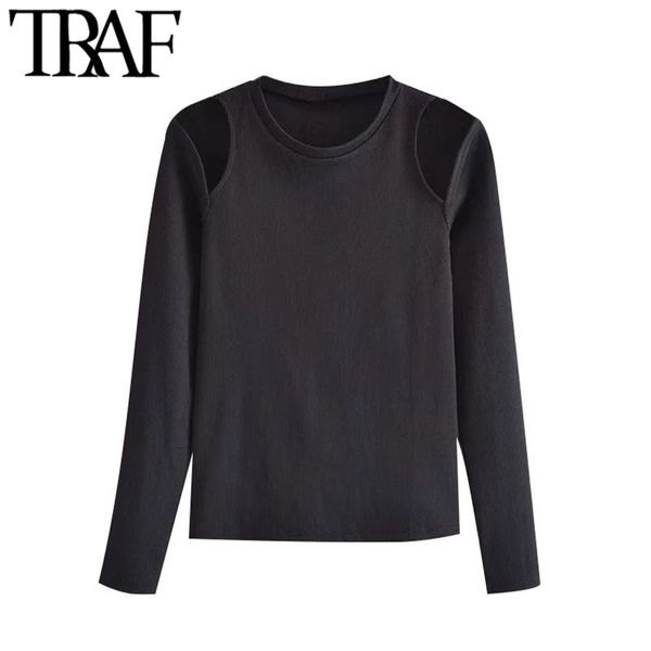 

women fashion hollow out ribbed t shirt vintage o neck long sleeve female tees mujer 210507, White