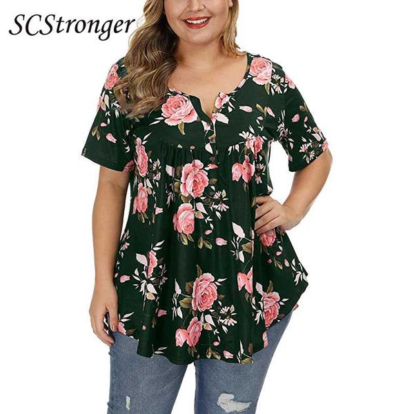

plus size t-shirt scstronger spring and summer women's tshirt vneck button large printed short sleeved jacket blusas feminina verao 202