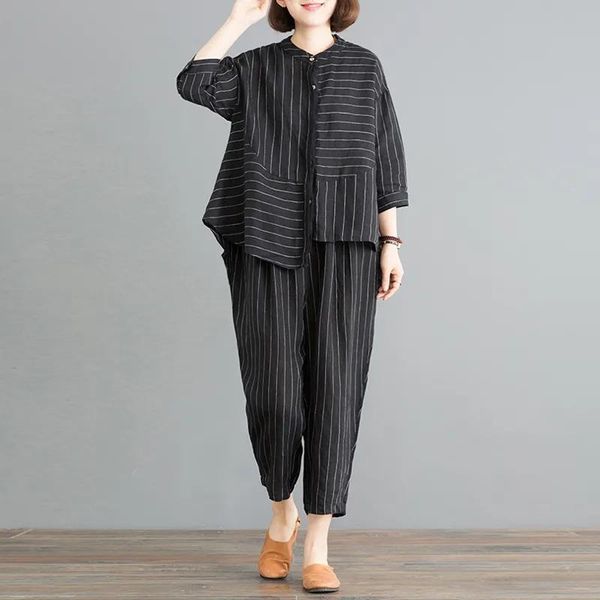 

women cotton linen striped casual 2 piece set big size summer fashion loose half sleeve irregular blouse + baggy harem pant suit women', White
