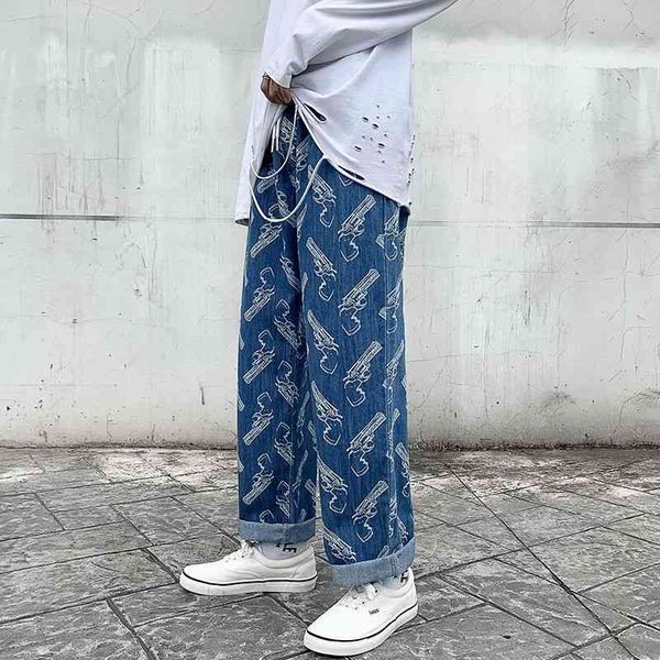 

men's jeans cargo pocket wide leg pants baggy homme loose printing casual biker denim trousers large size -5xl 86v4, Blue