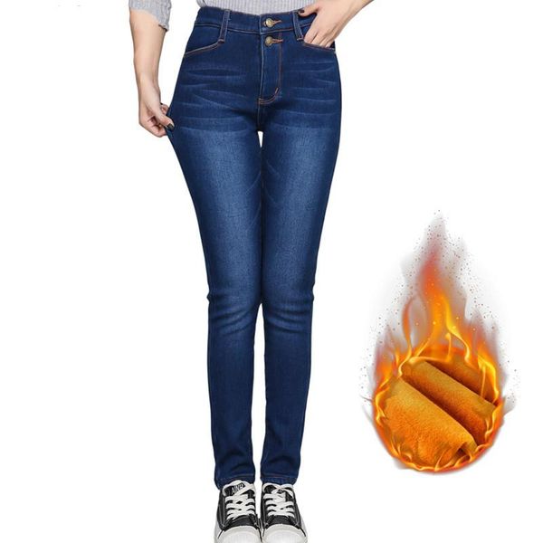 

plus size 42 winter jegging jeans fleece warm women casual pencil pant black blue long slim trousers female femme pantalon women's