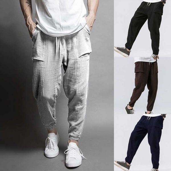 Autunno Mens HipHop Cotone Lino Pant Pieghe Coulisse In Vita Tasca Posteriore Pantaloni A Matita Allentati Casual Harem Hip Hop Pantaloni Maschili X0723